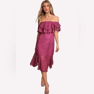 Lulus Womens Off Shoulder Lace Midi Dress Magenta Pink Size M Stretchy
